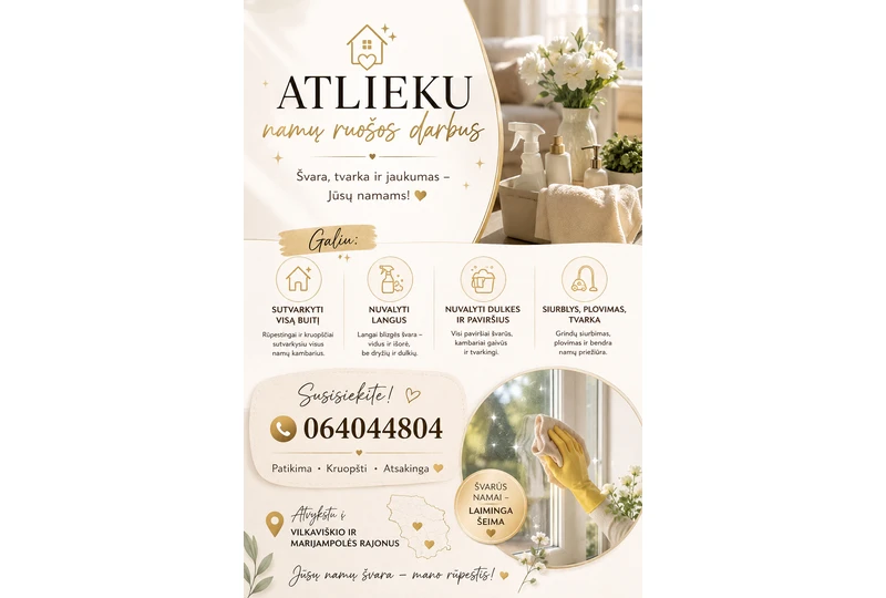 Profesionali nam? ruoša j?s? mieste||Gr?žkite ? švari? ir tvarking? erdv?||Nam? švara su atsakinga pagalba||Efektyvus but? ir nam? tvarkymas||Piligrimai ? namus – švara garantuota||Tvarkingi namai be j?s? r?pes?i?